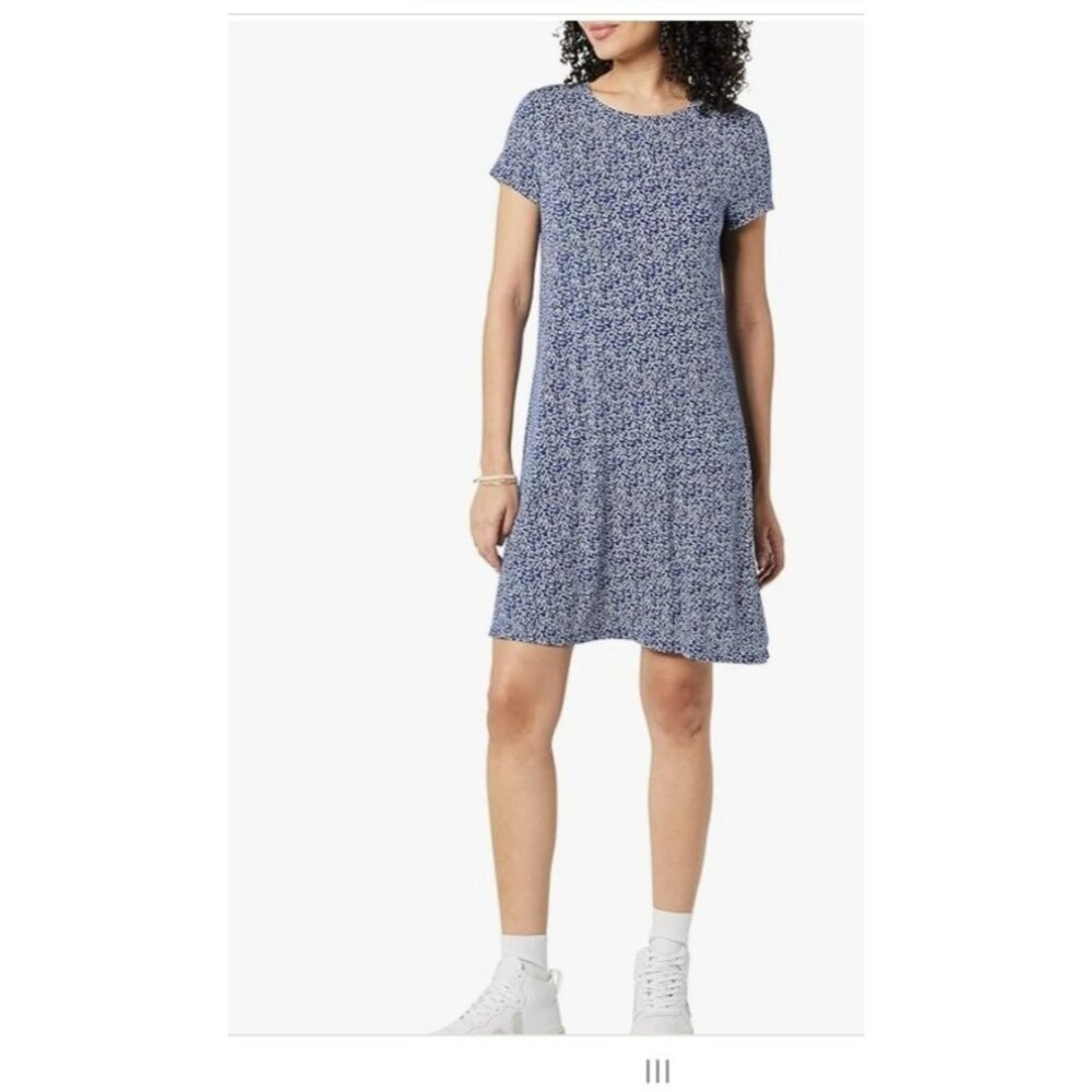 Essentials Womens Blue & White Printed Short Sleeve A-Line Dress Size Large